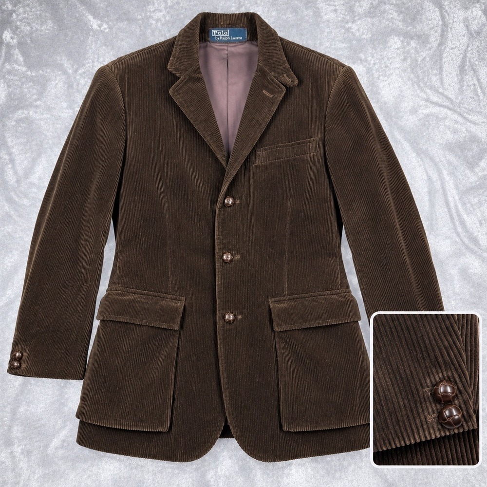 Vintage POLO BY RALPH LAUREN Corduroy Blazer Mens M Brown Leather Buttons